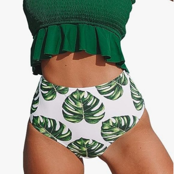 High Waisted Bikini Tropical Monstera Leaf Print Swimsuit Bottom Size XL - Picture 2 of 10